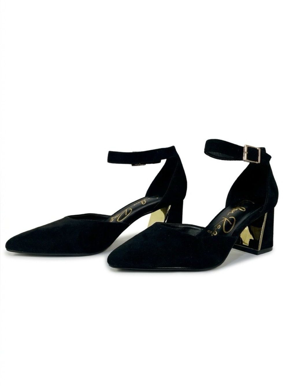 Black Suede Ankle-Strap Pointed-Toe Block Heels with Gold Accent